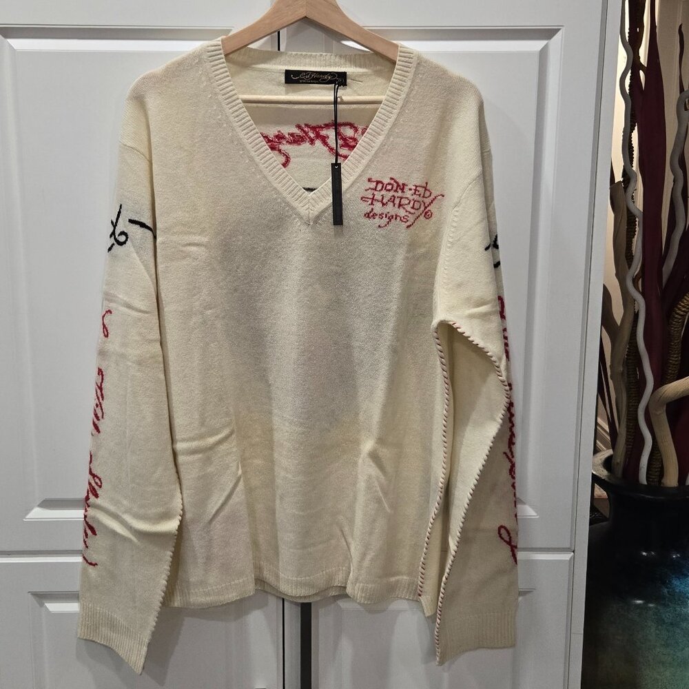 Ed Hardy Vintage Intarsia-Knit Tiger Logo V-Neck Wool/Cashmere Blend Jumper